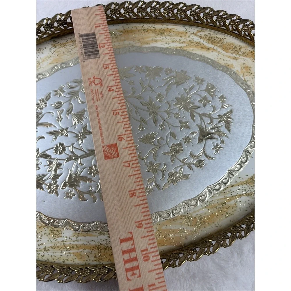 VTG 60s MCM HOLLYWOOD REGENCY GLASS & BIRD FLORAL FILIGREE ORMOLU VANITY TRAY